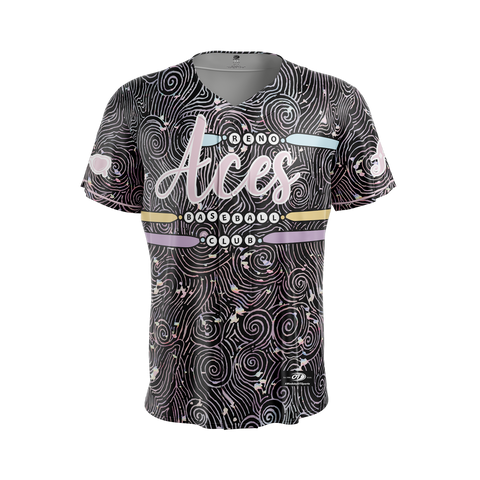 Black and gray patterned sports jersey with 'Reno Aces' text on a white background
