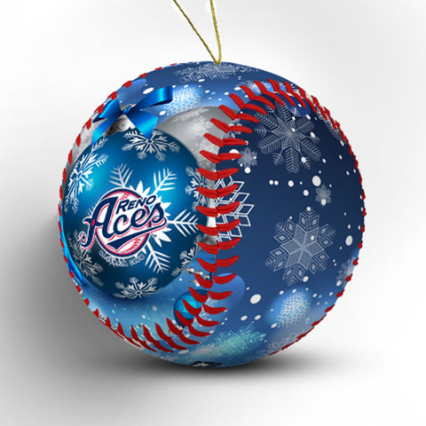 Decorative ornament with baseball design and 'Reno Aces' branding on snowflake background