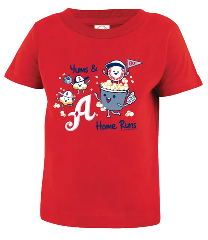 Red t-shirt with cartoon graphics and text on a white background