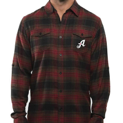 Red and black plaid shirt with a logo on a white background