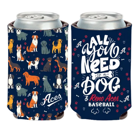 Two can coolers with dog pattern and text design on a white background