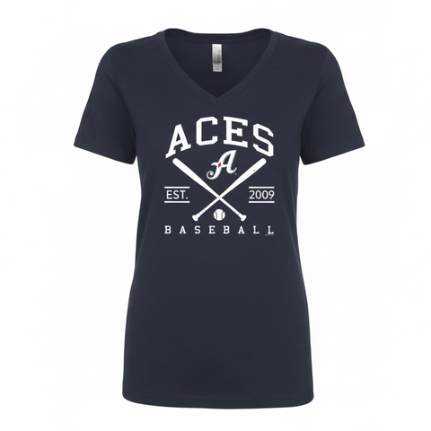 Navy blue t-shirt with white 'ACES' baseball design on a white background