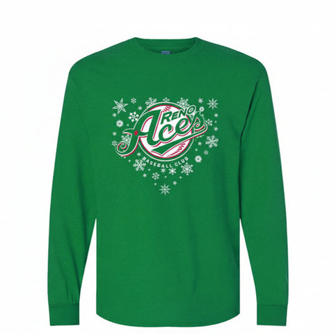 Green long-sleeve shirt with 'Reno Aces' logo and snowflake design on a white background