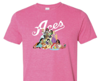 Pink t-shirt with 'Aces' graphic design featuring animated characters on a background